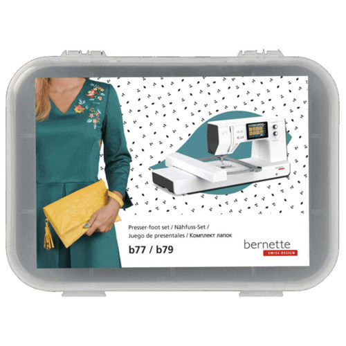 Sewing machine accessory set packaging with a woman and sewing machine on a white background