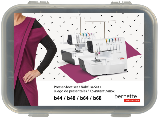 Bernette sewing machine presser foot set packaging with a person wearing a purple jacket.