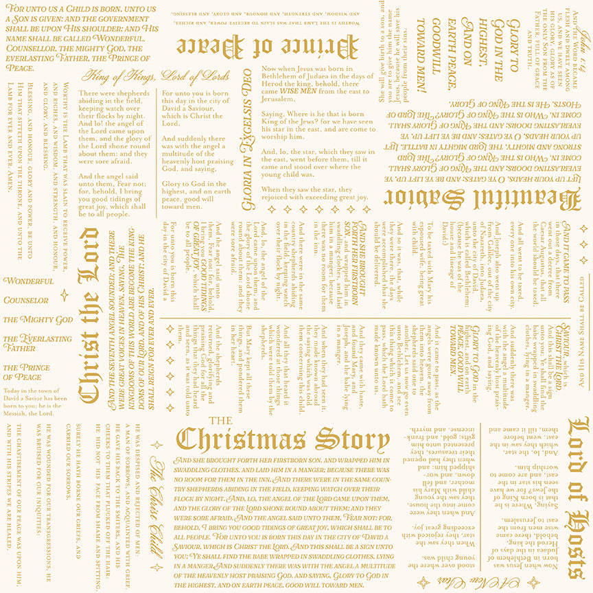 Textual design with 'The Christmas Story' and ornate gold script on a white background