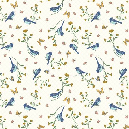 White background with small blue birds sitting on flowers