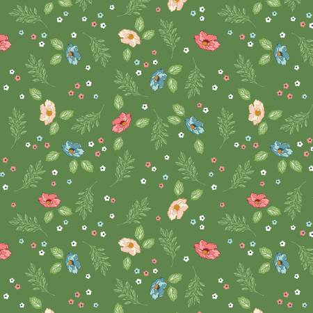 Green background with small red, blue, and pink flowers