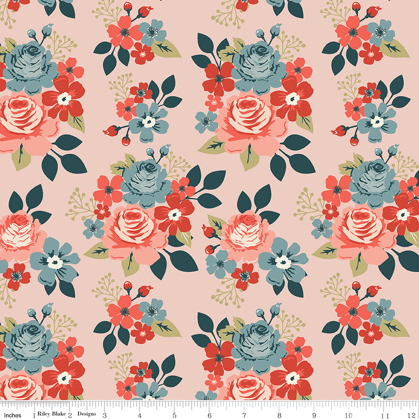 Pink background with large red, blue, and pink flowers