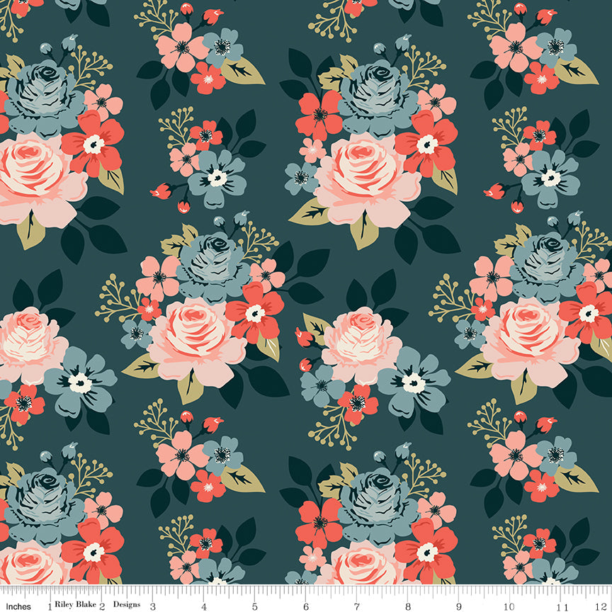 Navy background with large blue, red, and pink flowers