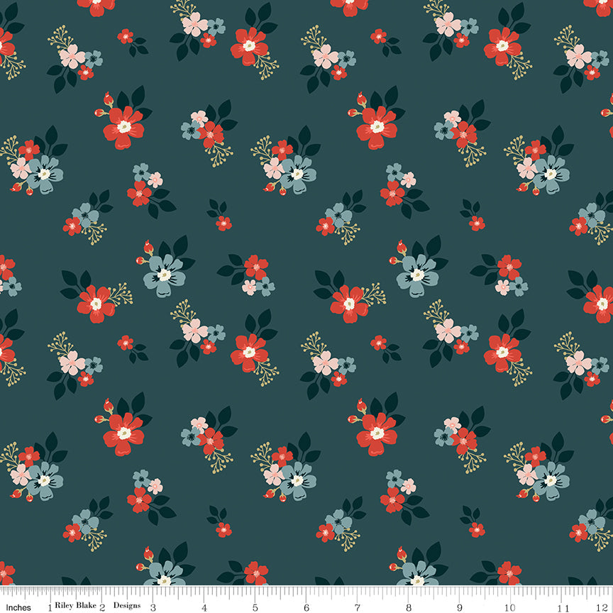 Navy background with red, blue, and light pink flowers