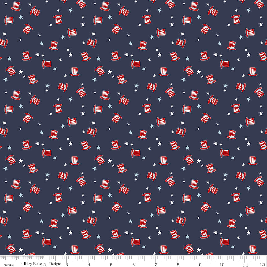 Navy background with red Uncle Sam hats and white stars