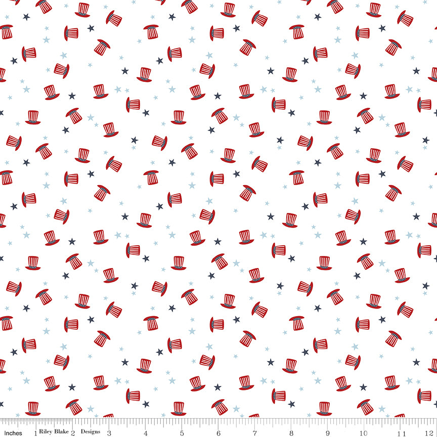 White background with red Uncle Sam hats and blue stars