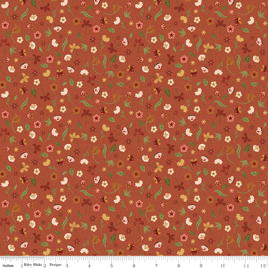 Brown background with flowers and butterflies