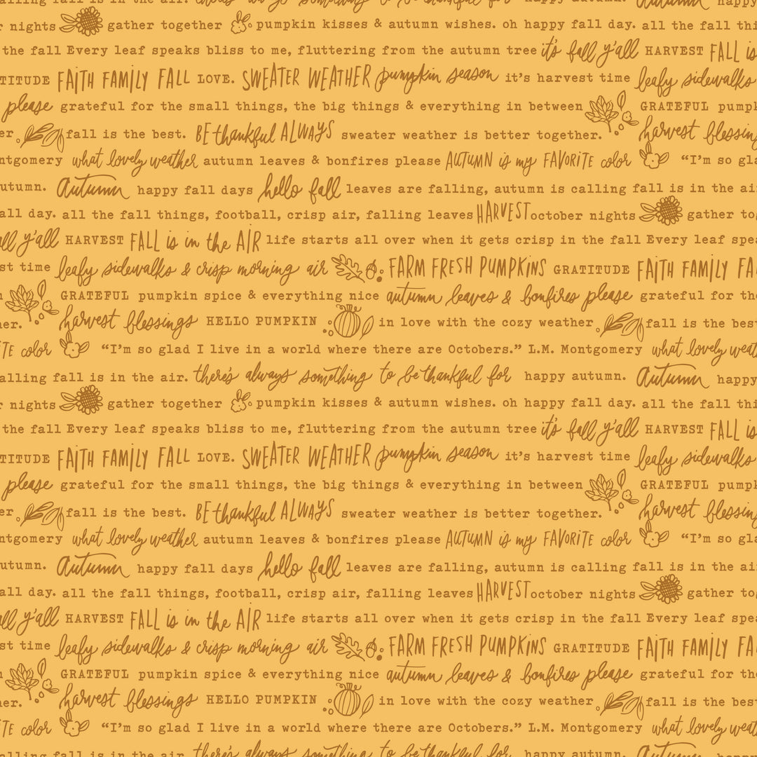 gold fabric swatch with various fall phrases and doodles written in brown