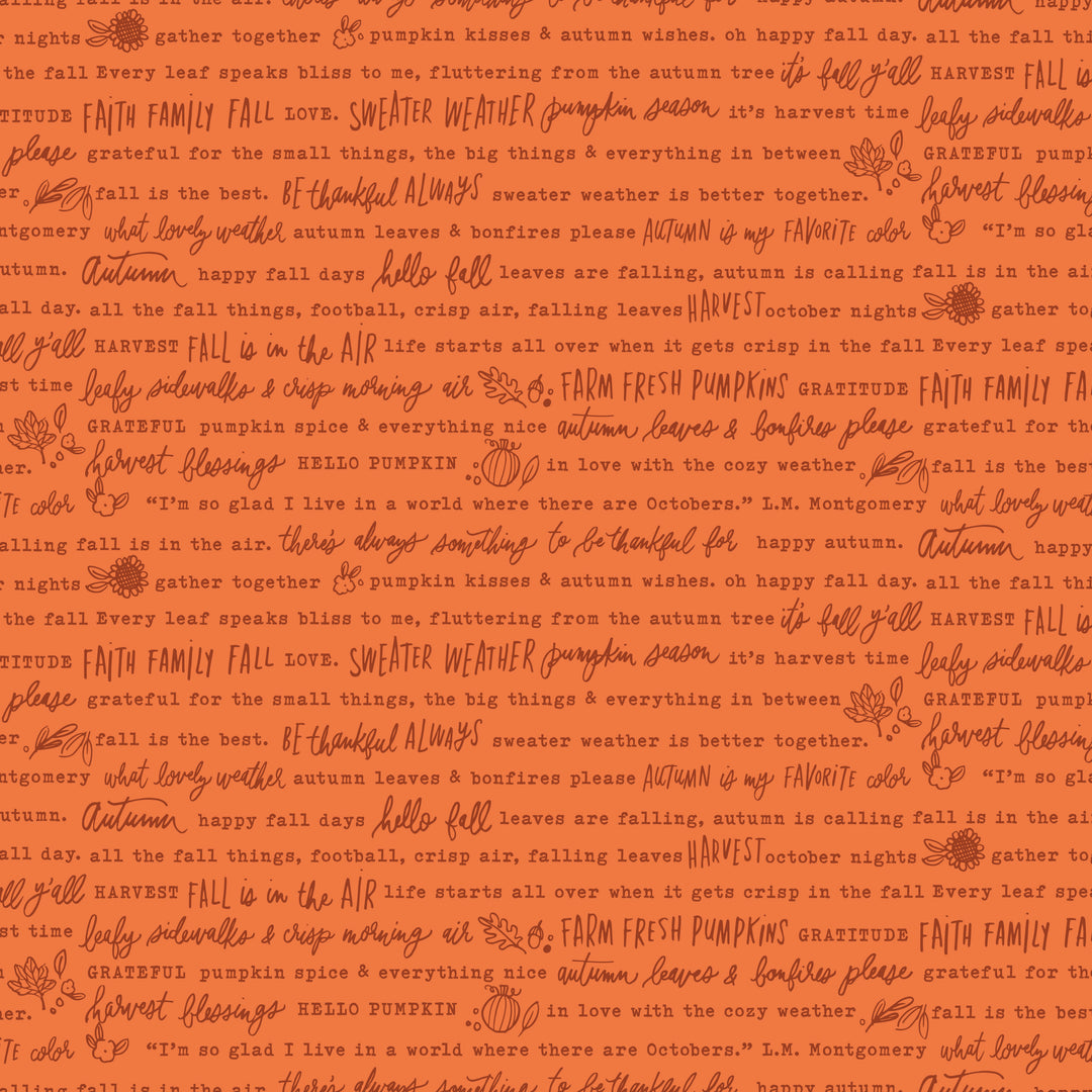 orange fabric swatch with various fall phrases and doodles written in brown