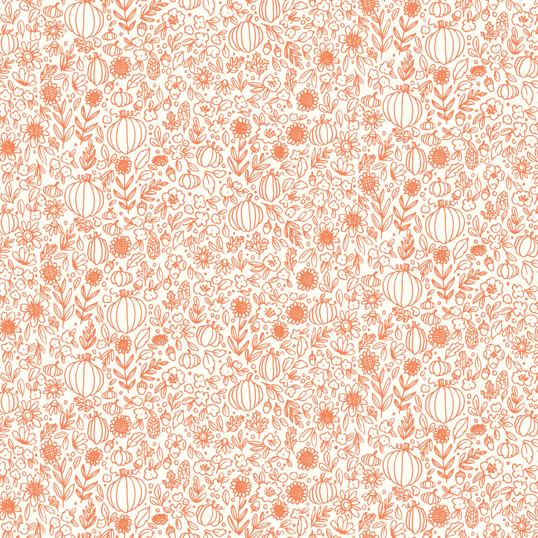 off white fabric swatch with a print of doodles of pumpkins, sunflowers, leaves, and other florals in orange