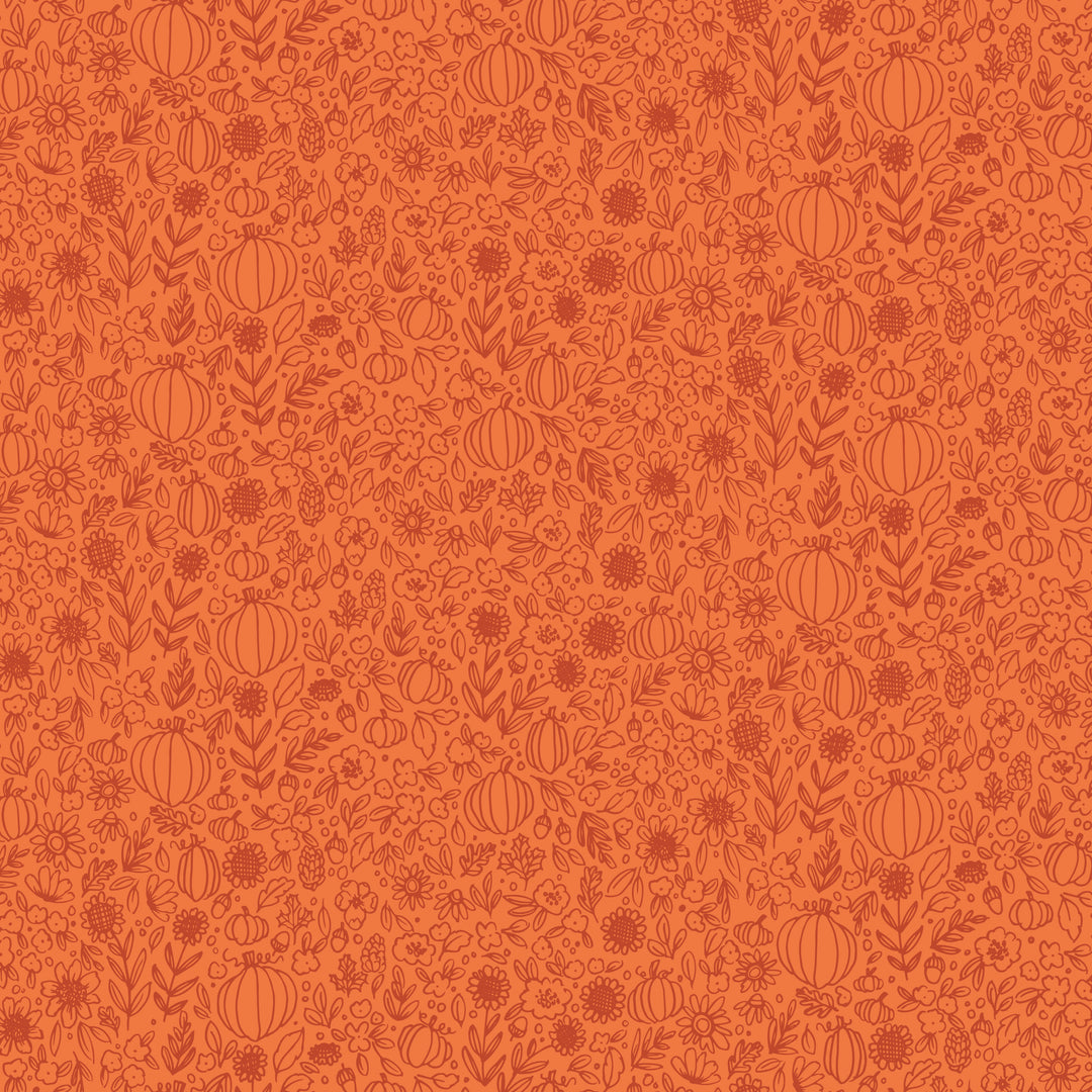orange fabric swatch with a print of doodles of pumpkins, sunflowers, leaves, and other florals in a darker orange