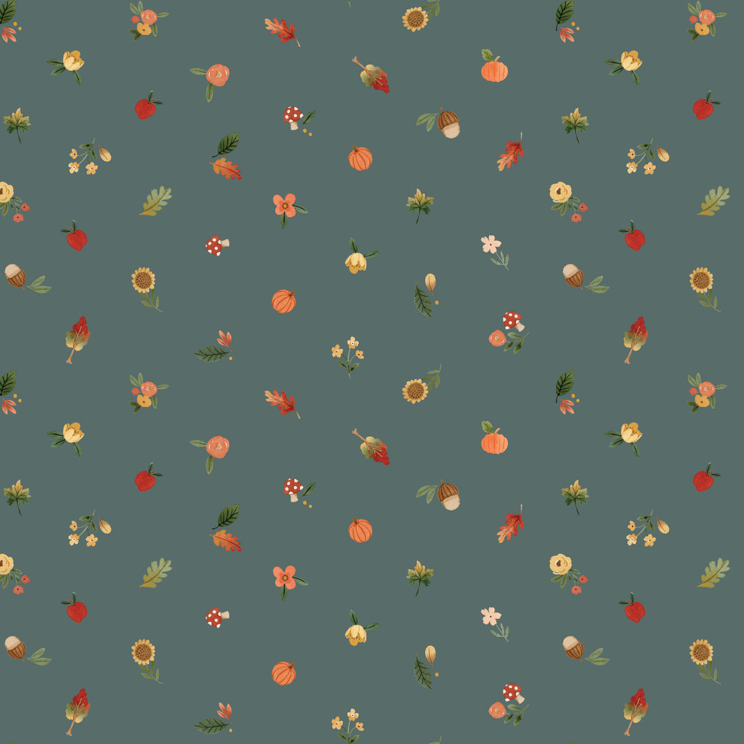 teal fabric swatch with small pictures of pumpkins, sunflowers, mushrooms, and other florals