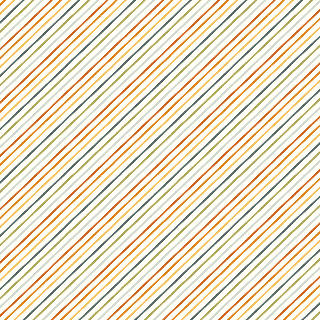 cream fabric swatch with thin diagonal lines in red, orange, blue, green, and light blue