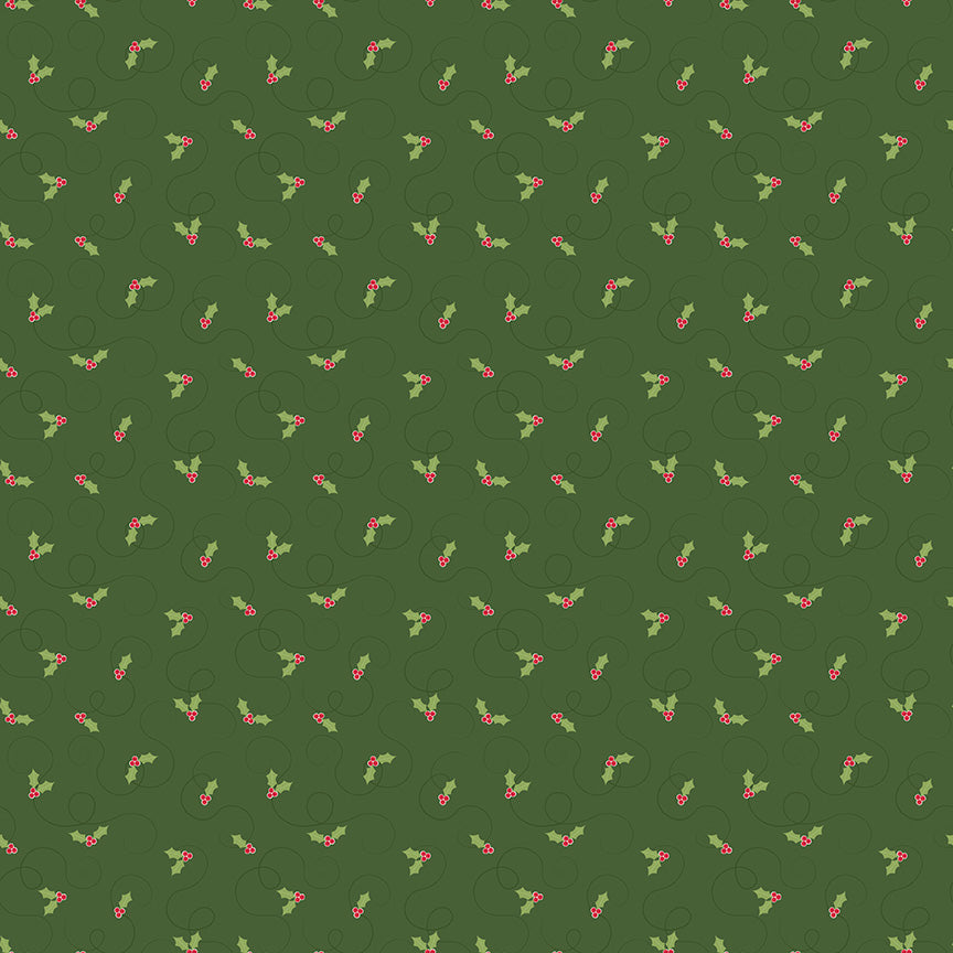 Pattern of holly leaves and berries on a green background