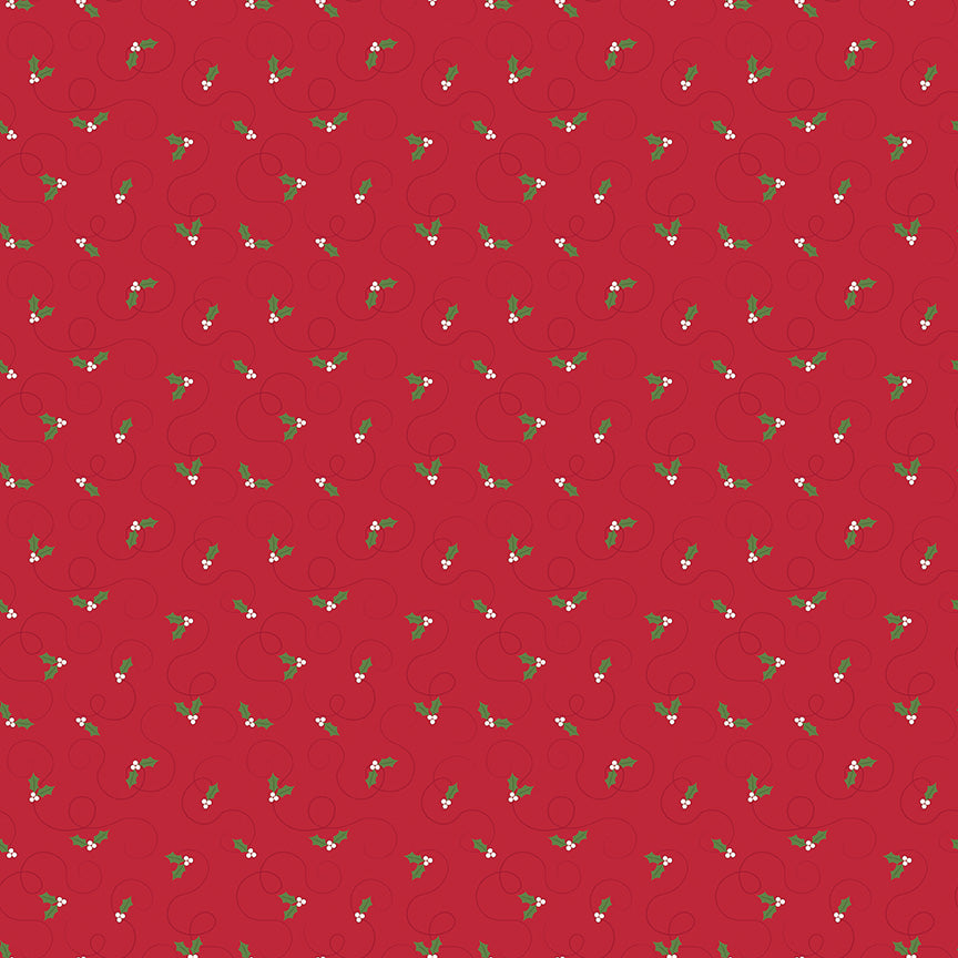 Red patterned fabric with green leaves and white flowers on a red background