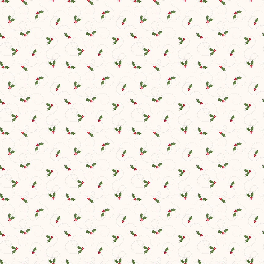 Pattern of small holly berries and leaves on a white background