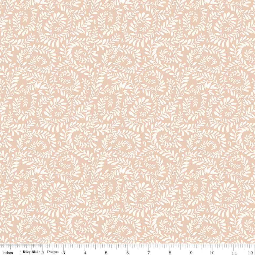 Pink background with white swirls of leaves