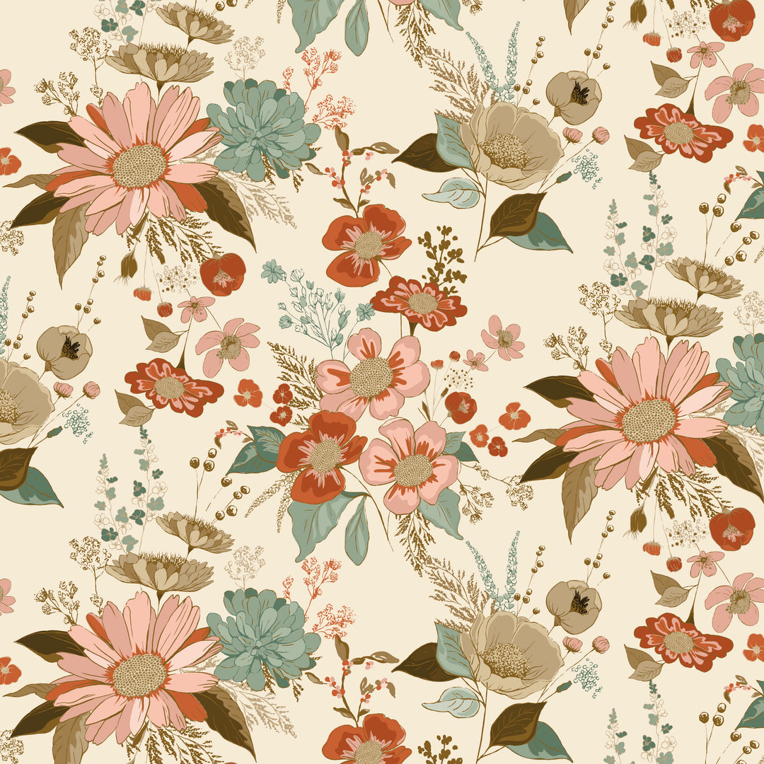 Floral pattern with pink, red, and green flowers on a beige background