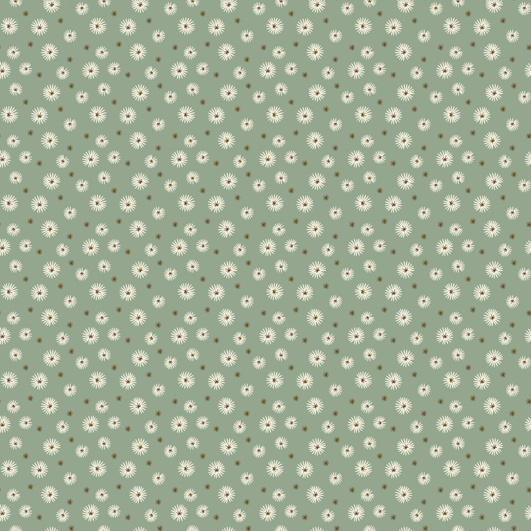 Pattern of small white flowers with green centers on a green background