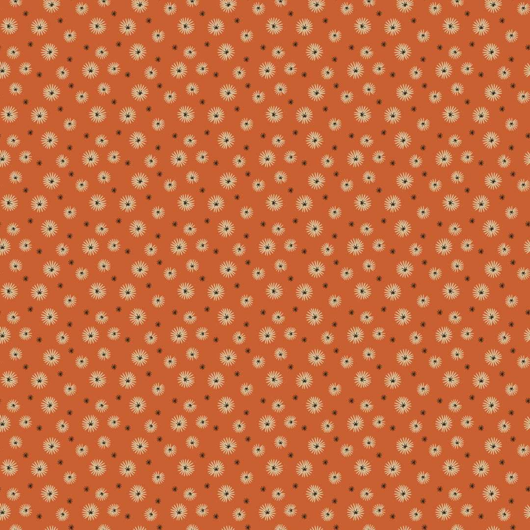 Pattern of small white flowers with black centers on a red background