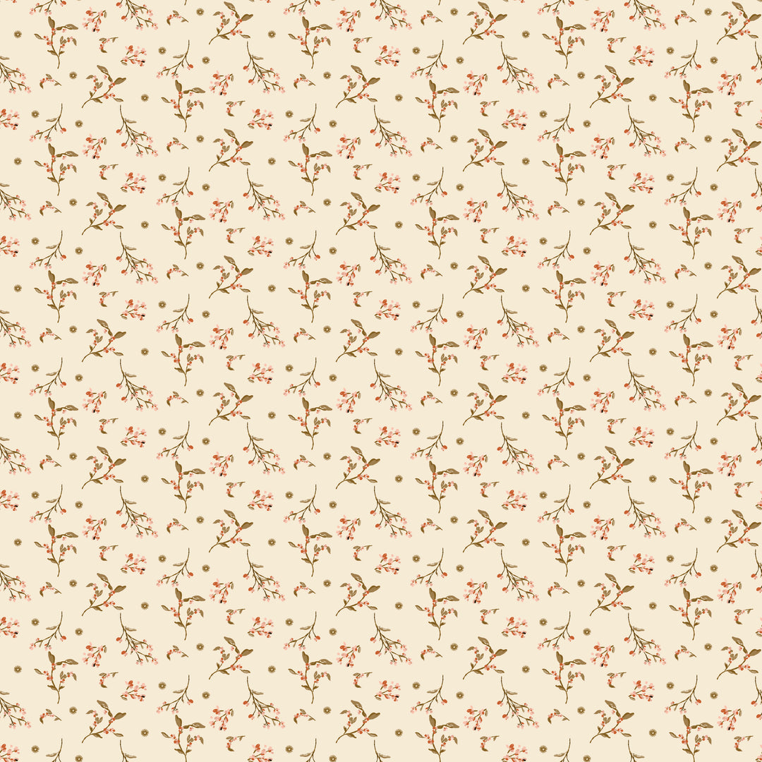 Floral pattern with small flowers and leaves on a beige background
