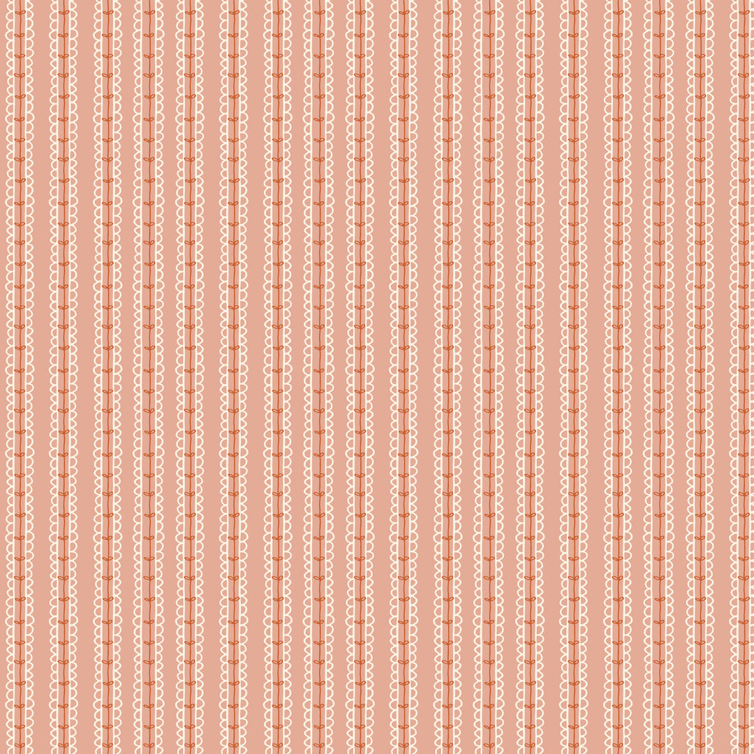 Patterned fabric swatch with red and white stripes on a pink background