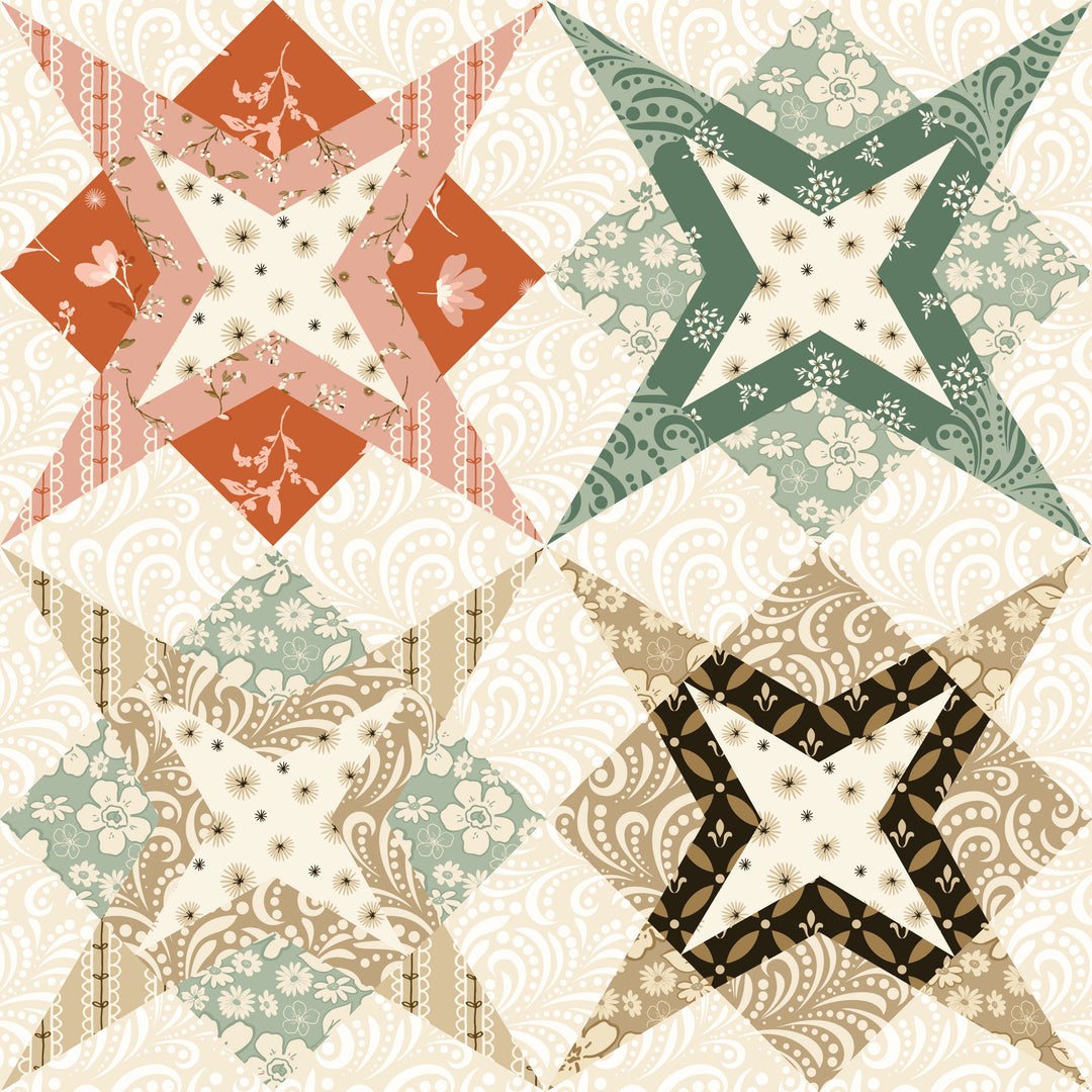 Patterned star shapes in various colors on a white background