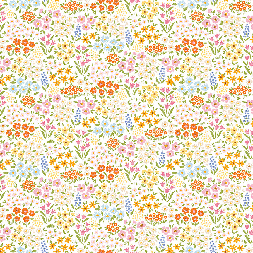 fabric swatch of various small groups of flowers in whites and pinks and yellows and oranges on a cream background