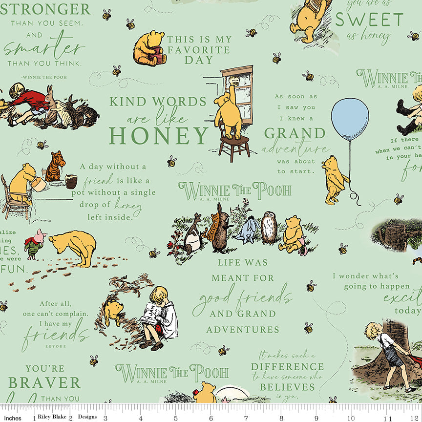 Green background with Winnie the Pooh and friends