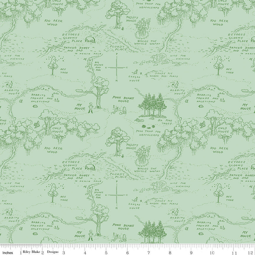 Green background with the Hundred Acre Woods map