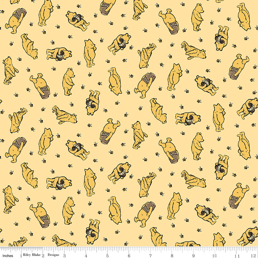 Yellow background with Winnie the Pooh and honey pots
