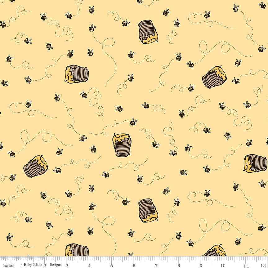 Yellow background with honey pots and bees
