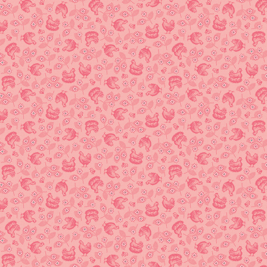 Coral/Pink fabric with chickens and daisies