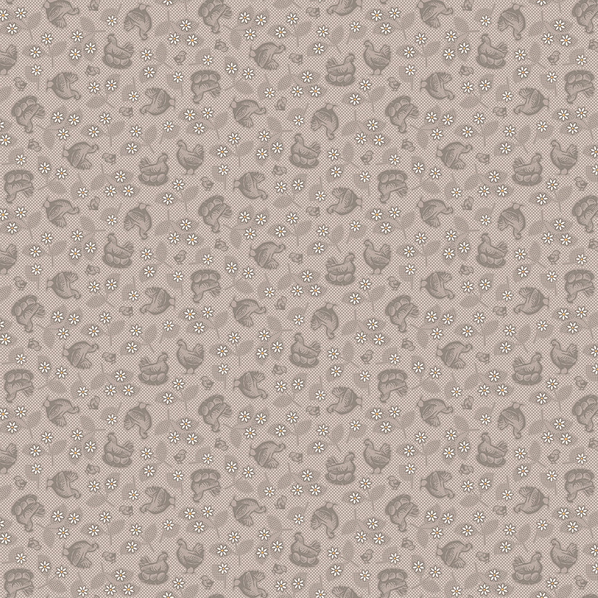 Grey fabric with chickens and daisies