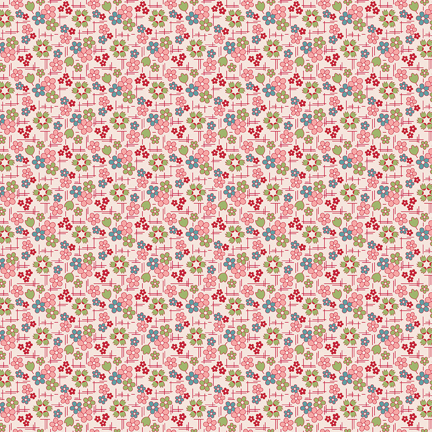 This print features blossoms and crosshatching. Colors are pink, green, and blues