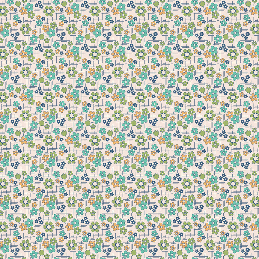 This print features blossoms and crosshatching. Colors are blue, green, and tan