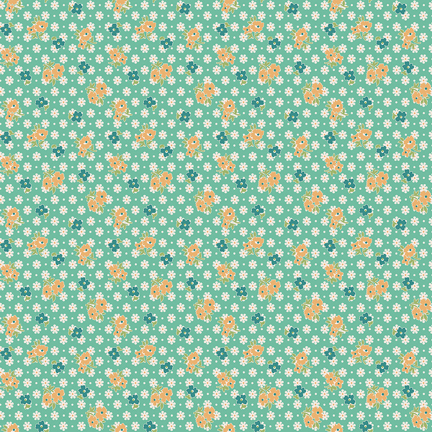 This print features scattered bouquets on an array of daisies and dots. Green background with tan, green, and white fowers