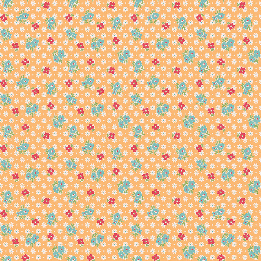 This print features scattered bouquets on an array of daisies and dots. Marigold background with blue, red, and white flowers