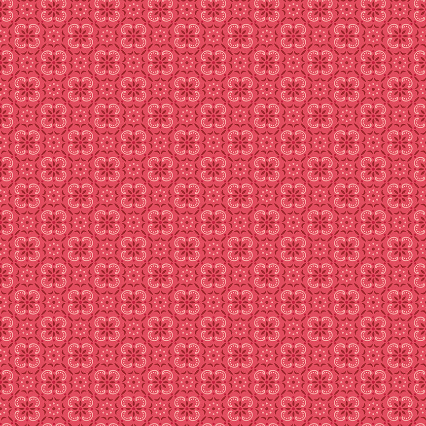 This print features a bandana medallion pattern in red