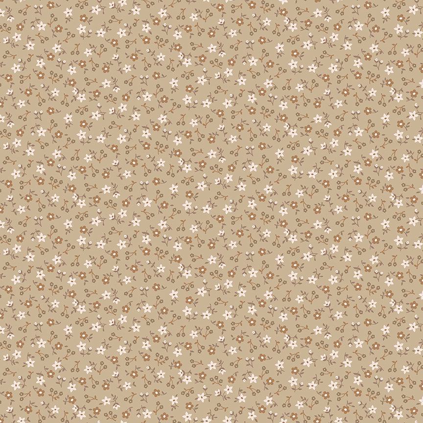 This print features tossed floral sprigs with a brown background.