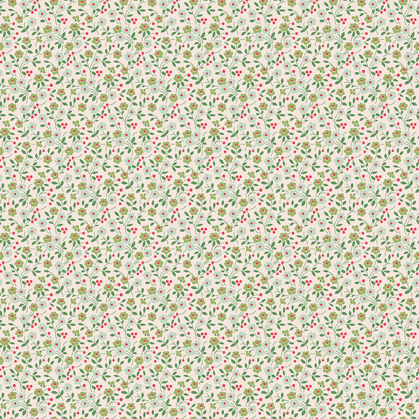 This print features sprigs of flowers and berries.