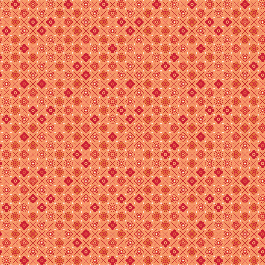 This print features a grid of blossoms and crisscrosses in orange