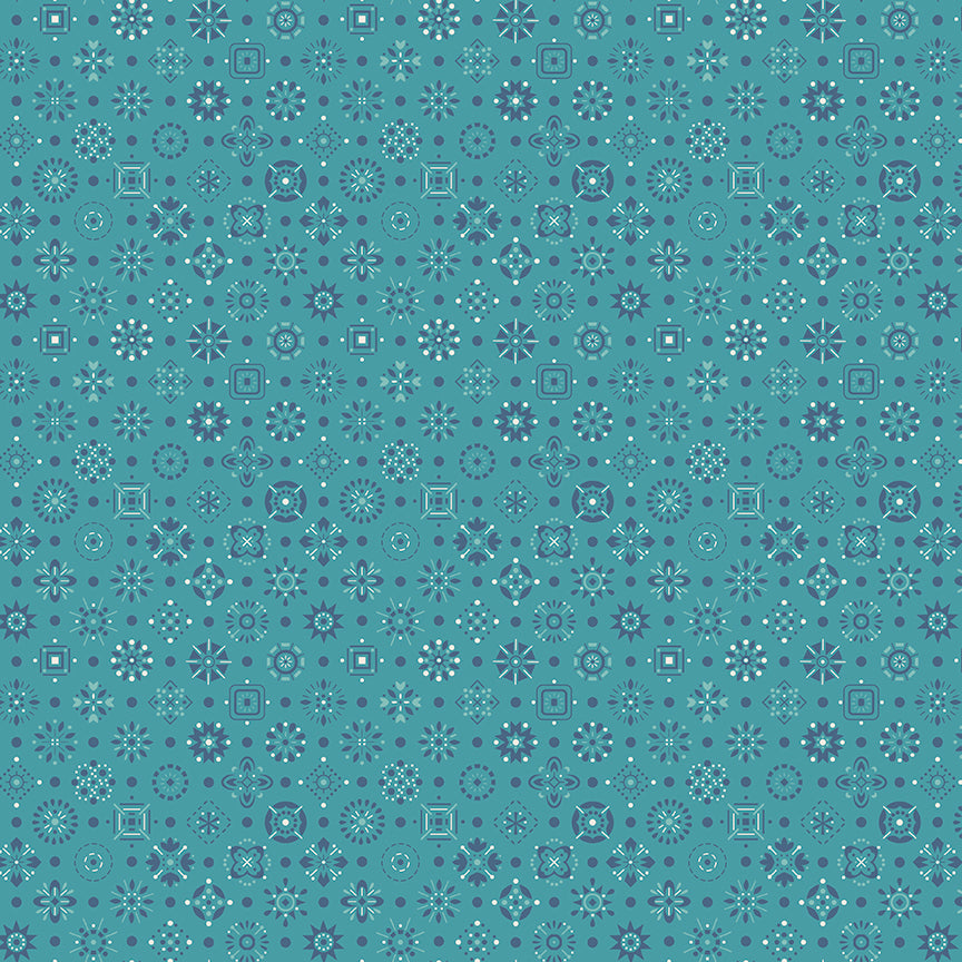 This print features an array of geometric designs and dots in blue