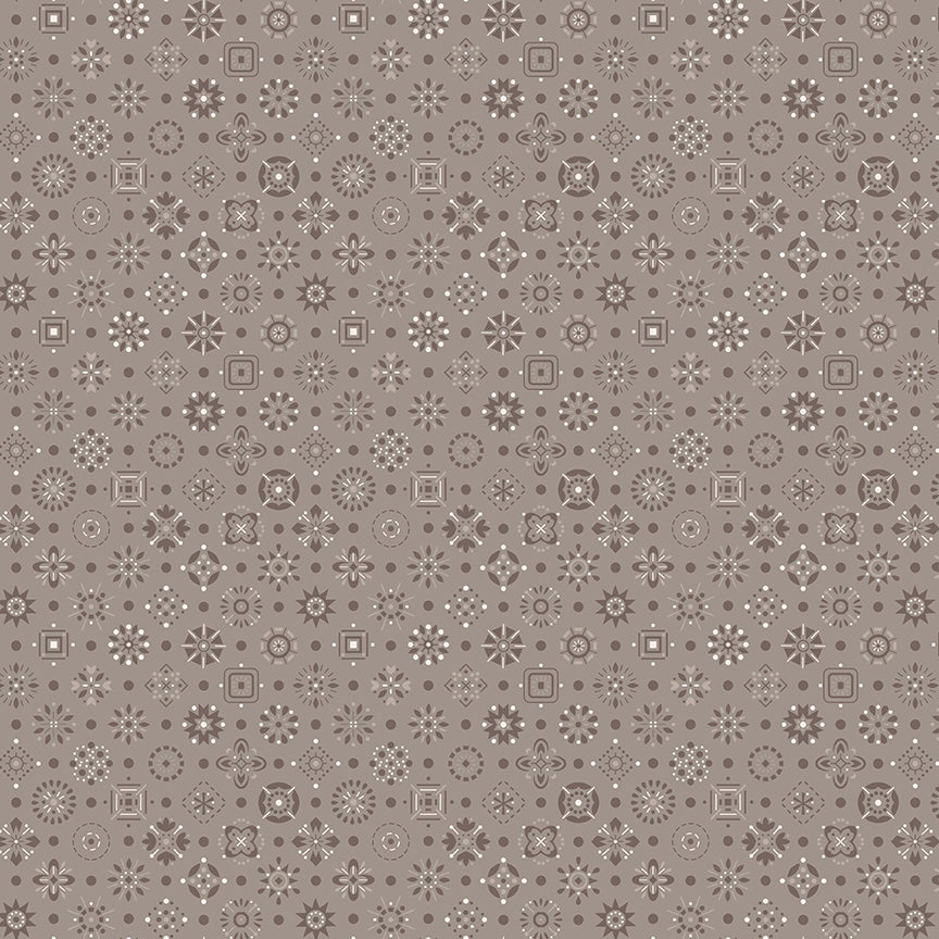 This print features an array of geometric designs and dots in a grey/brown color way
