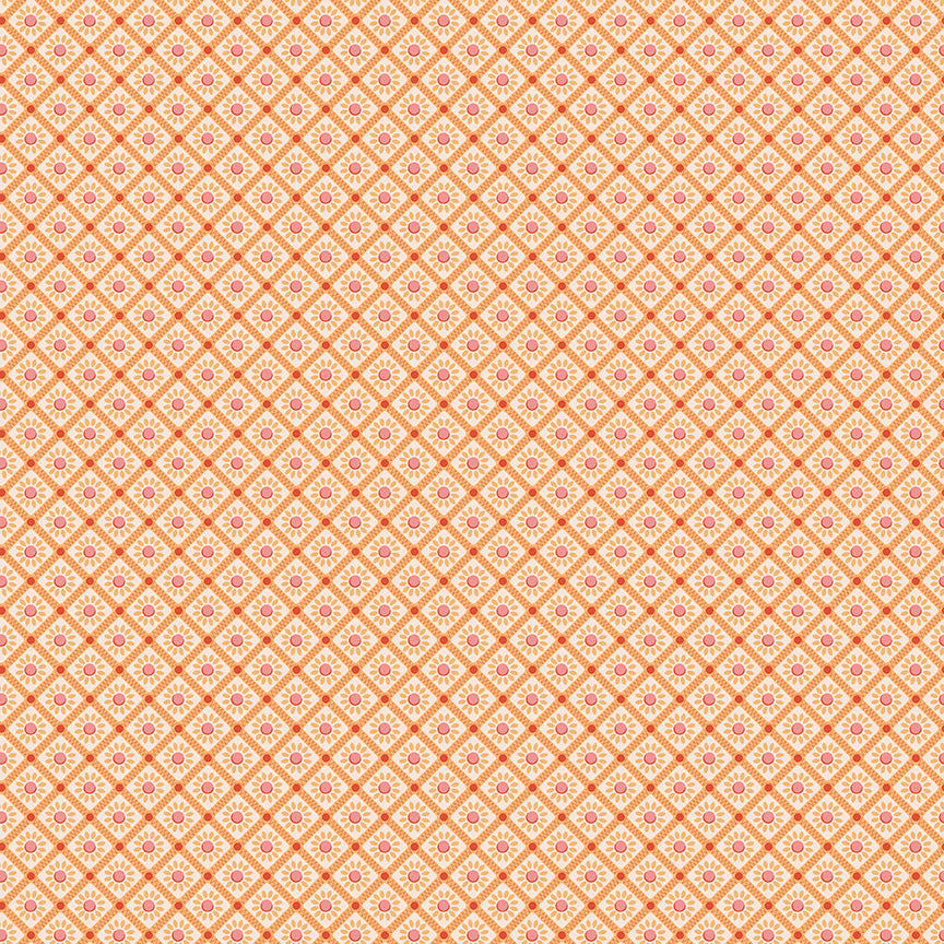 This print features a grid pattern with sunflowers in the center in orange