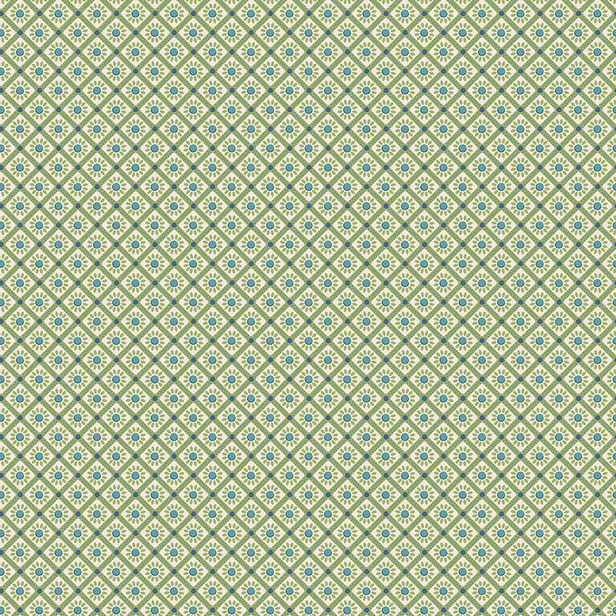 This print features a grid pattern with sunflowers in the center in green