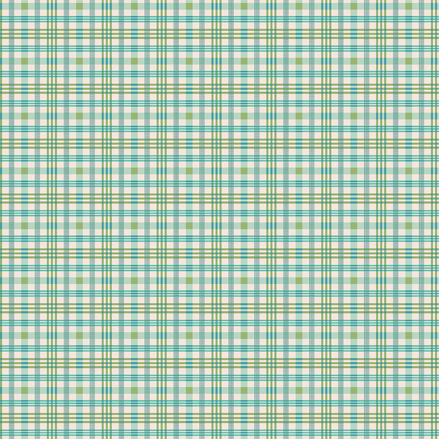 This print features a multicolored plaid pattern in green and blue