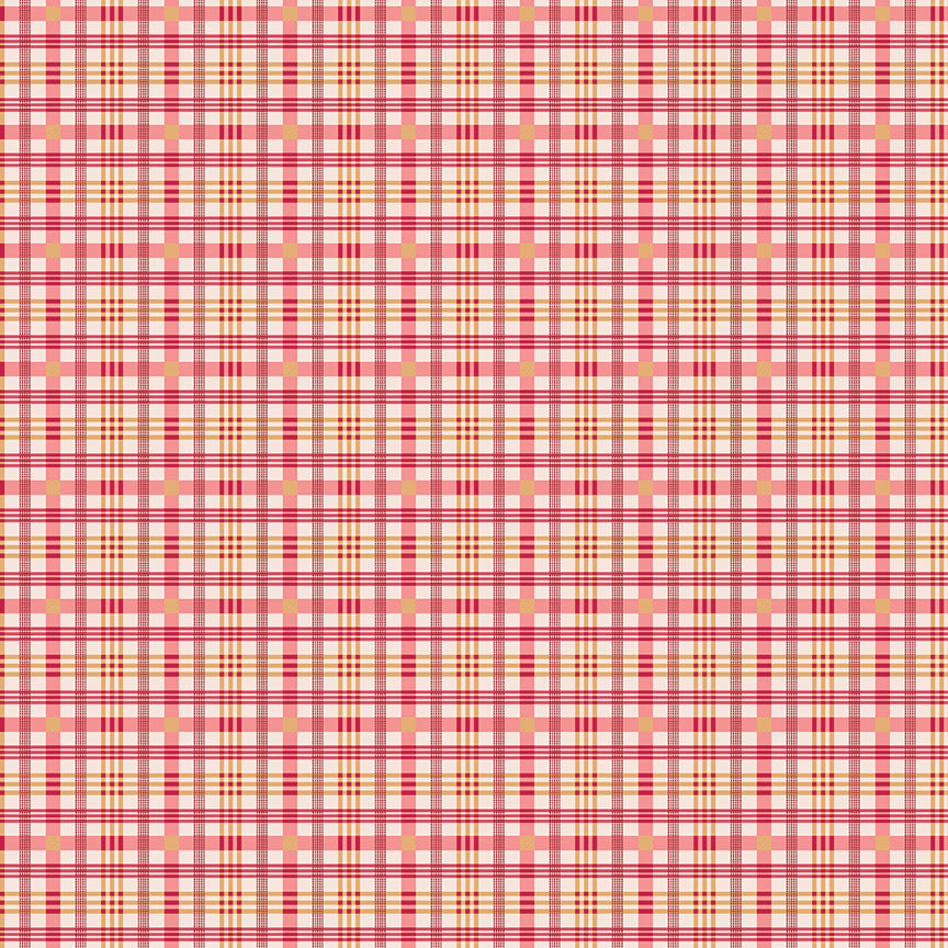This print features a multicolored plaid pattern in red and orange