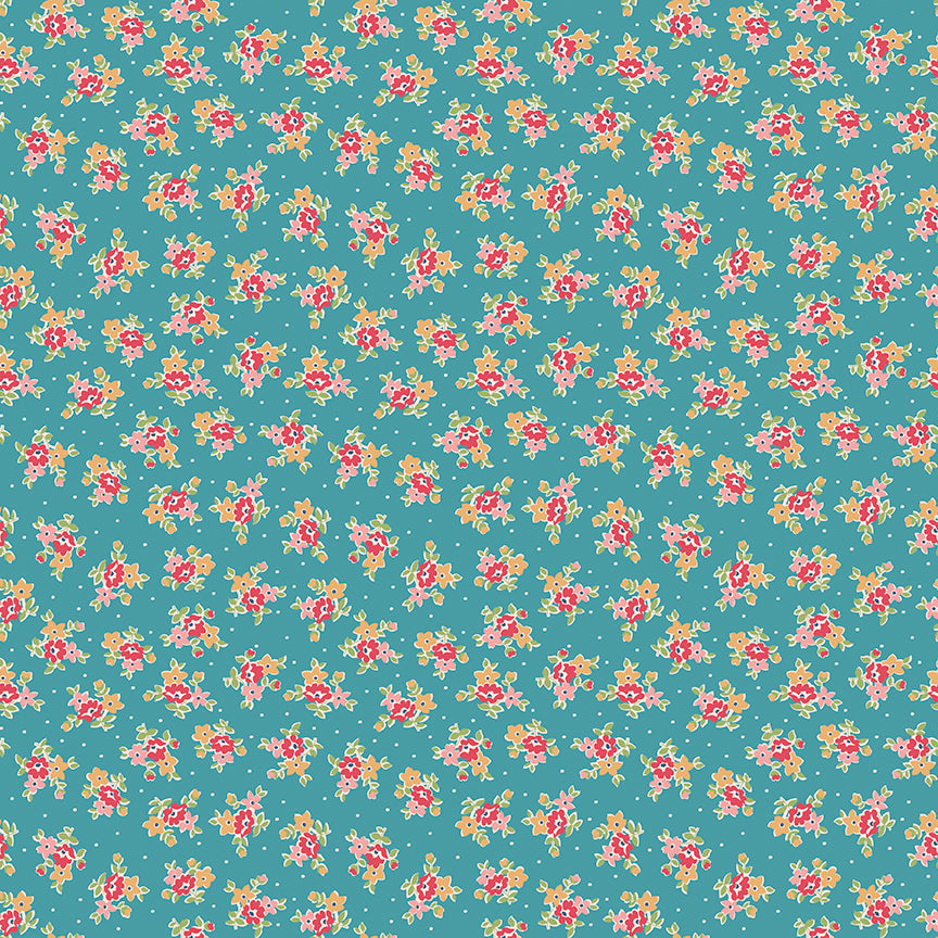 This print features scattered bouquets and pin dots with a blue background