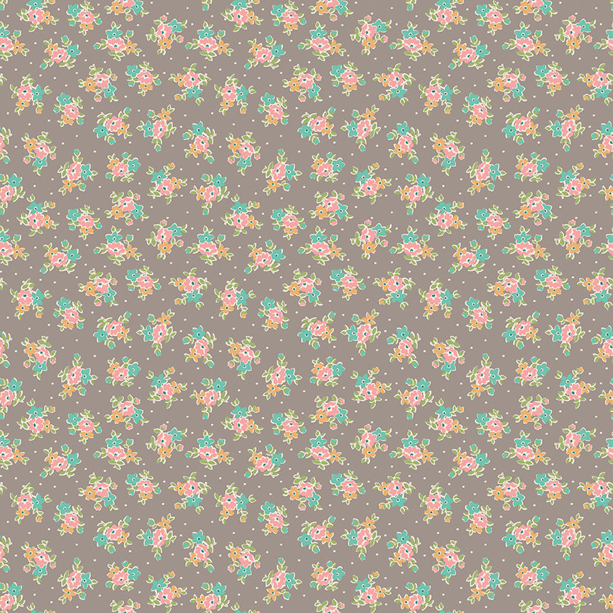 This print features scattered bouquets and pin dots with a brown/grey background